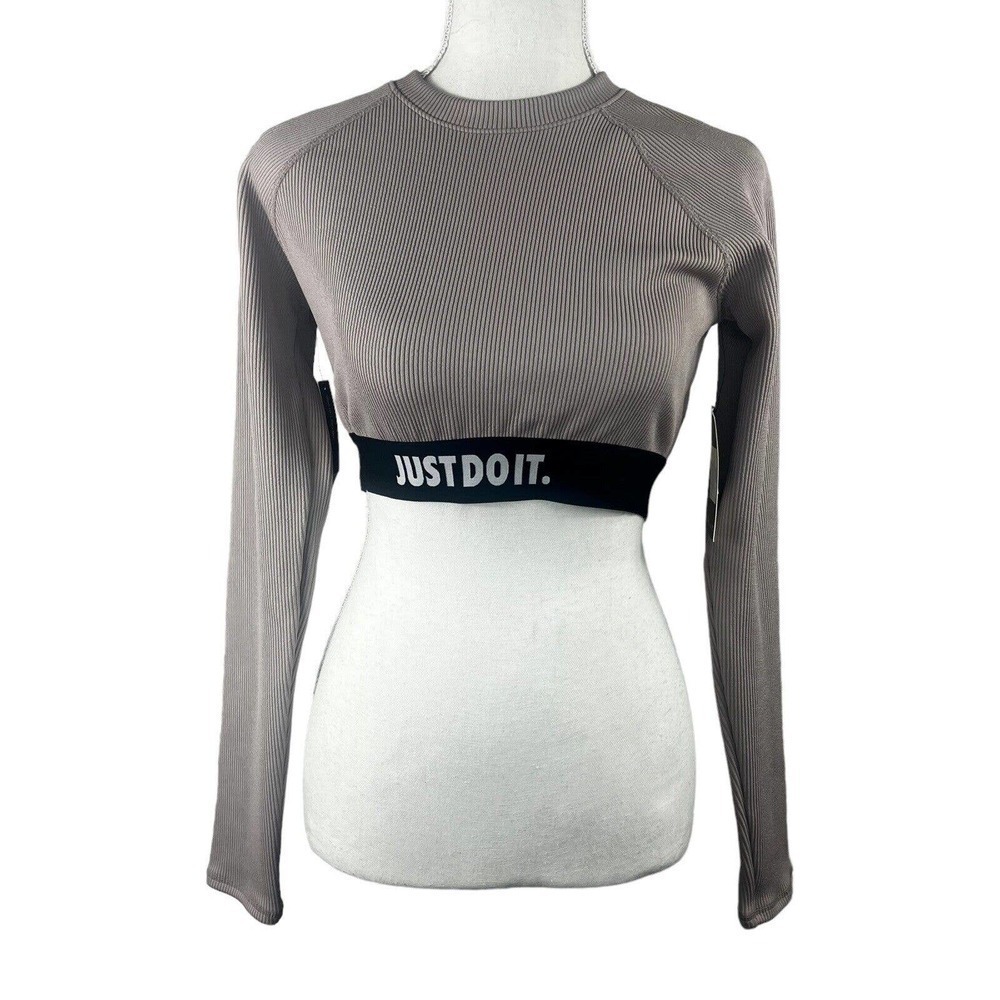 Nike Just Do It Ribbed Crop Top Shirt Size S NWT Taupe NWT Long Sleeve